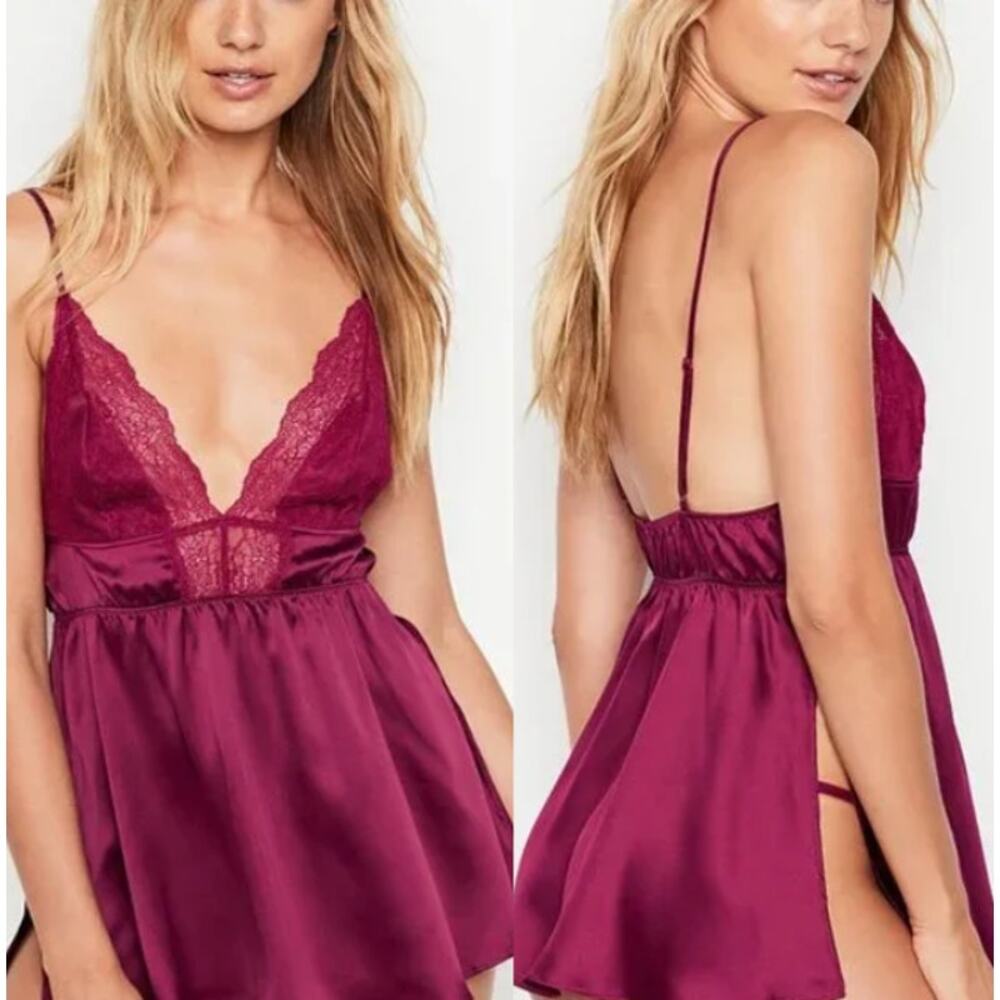 Victorias Secret VS Womens Coquette Lace Slip Babydoll Dress Chemise Size S Wine